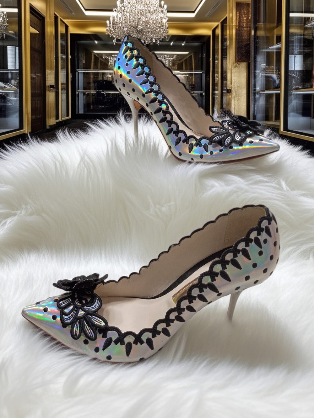 Sophia Webster Iridescent Pointed-Toe Heels with Black Trim and Floral Applique